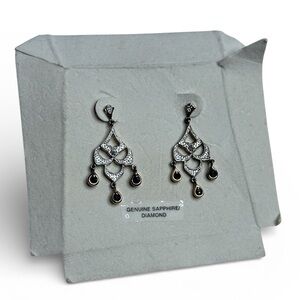 Genuine Sapphire/Diamond Silver and Black Drop Earrings